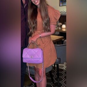 JessaKae Terracotta Rust Textured Tie Waist Mini Puff Sleeve Dress XS